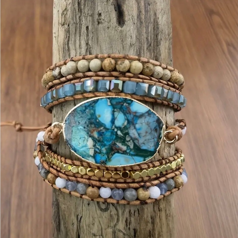 Ocean Jasper, Brown Leather wrap bracelet